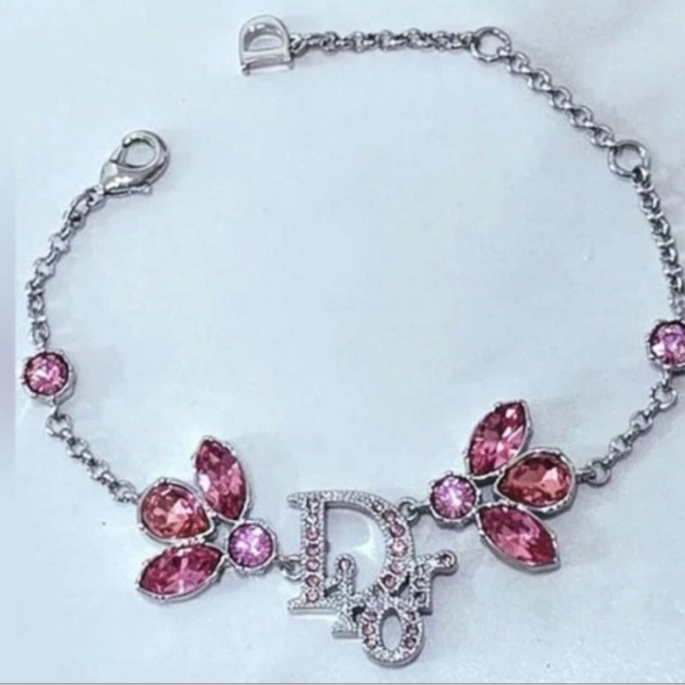 Dior oblique bracelet cd  logo Pink Crystal Silver vintage crystals floral